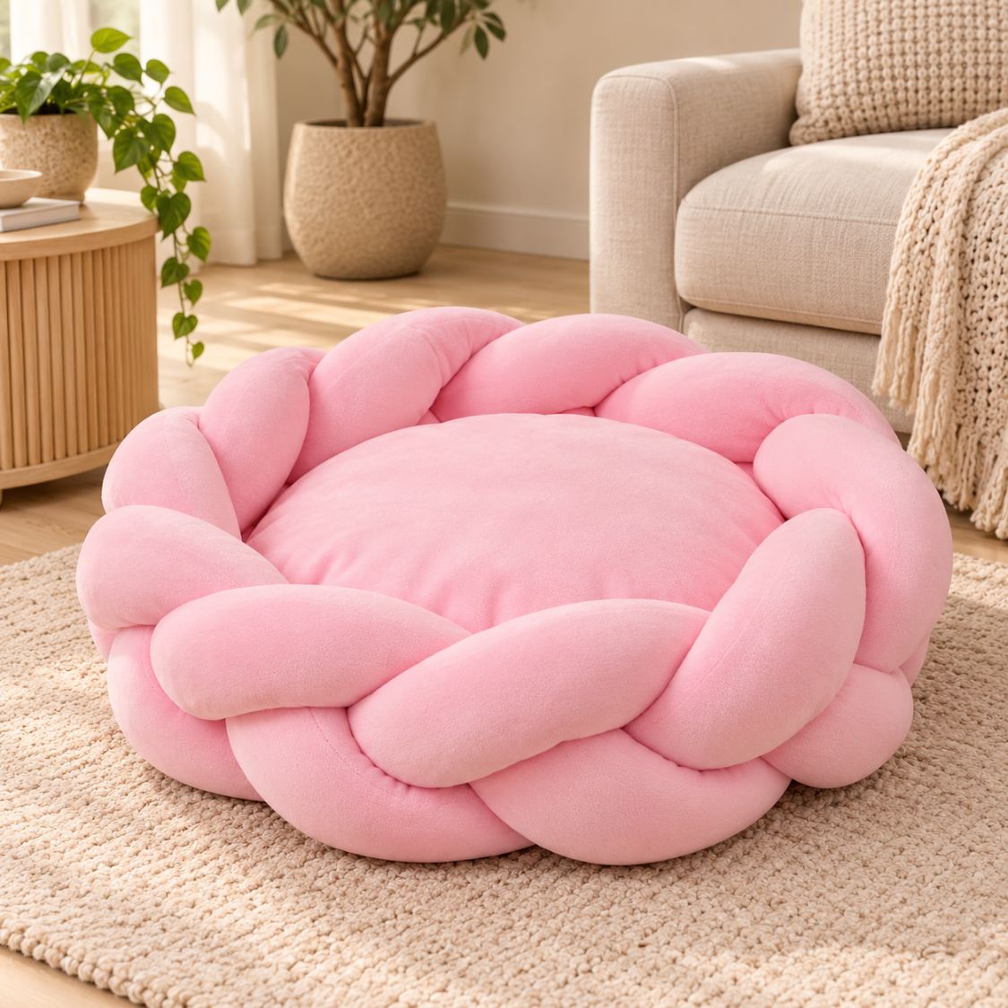 panier anti stress chien rose coussin rond tresse