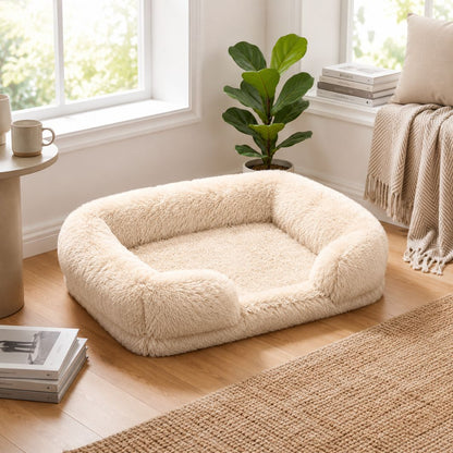 panier chien beige clair peluche couchage douillet