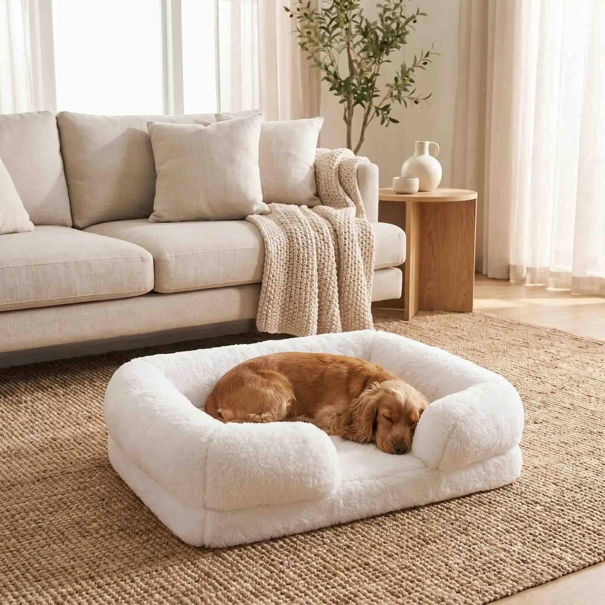 panier chien blanc chien dormant peluche confort