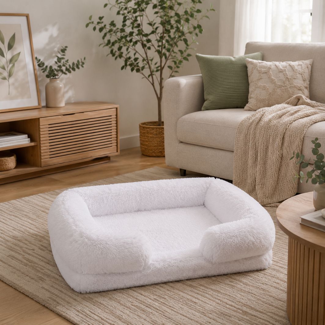 panier chien blanc peluche cocon rebords epais