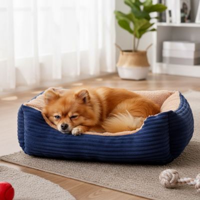 panier chien bleu marine avec interieur beige et petit chien