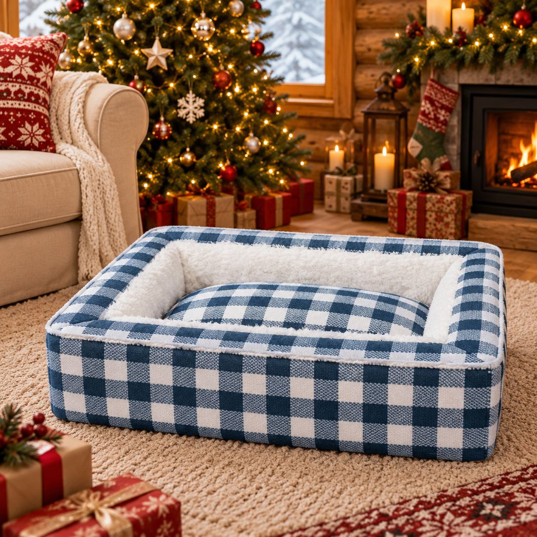 panier chien confortable bleu blanc ambiance noel