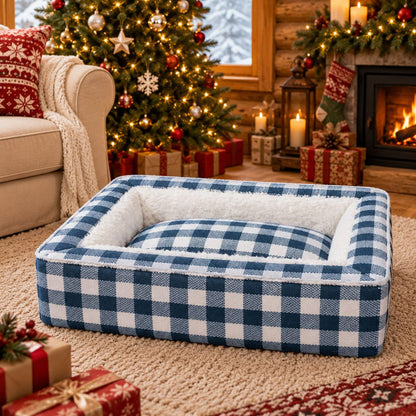 panier chien confortable bleu blanc ambiance noel
