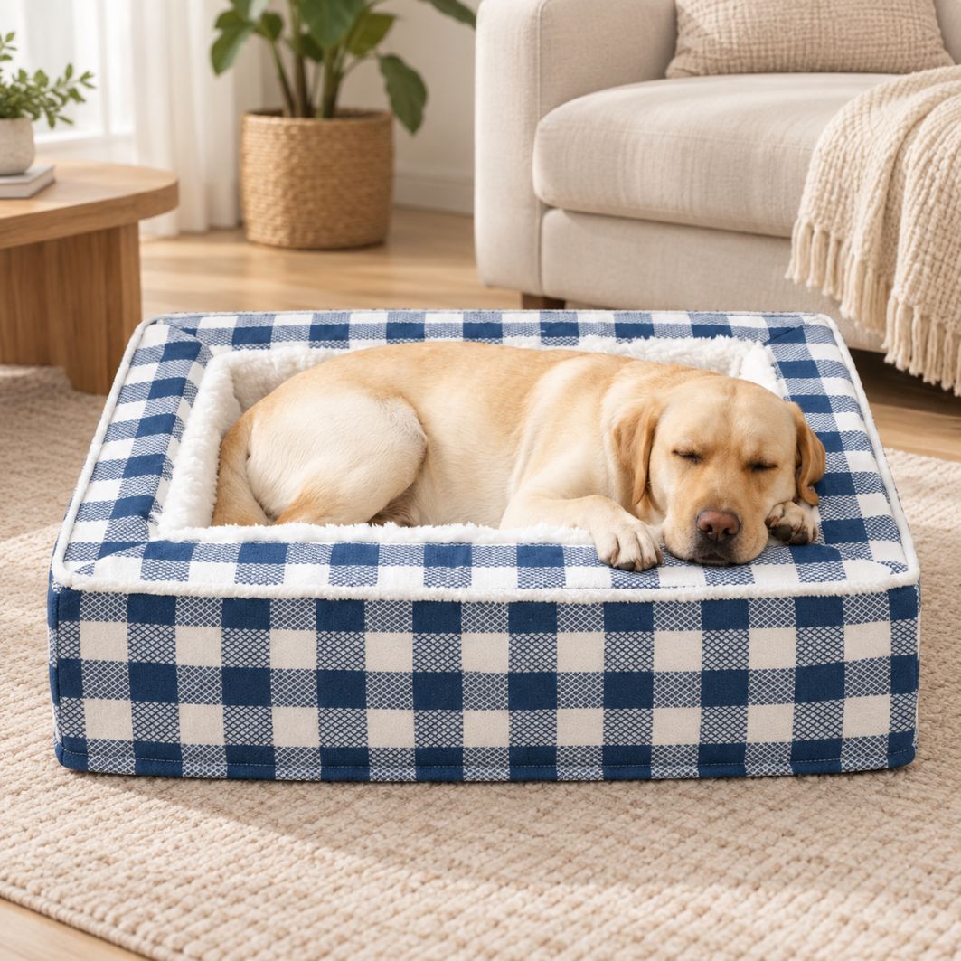 panier chien confortable bleu blanc interieur peluche douce