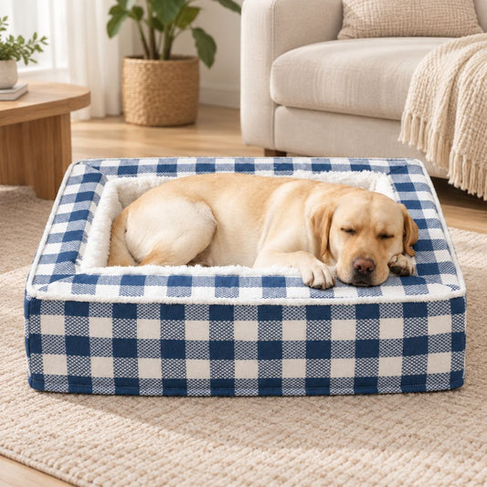 panier chien confortable bleu blanc interieur peluche douce