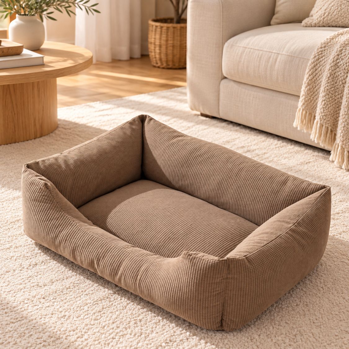 panier chien dehoussable beige chien dormi rebords rembourres