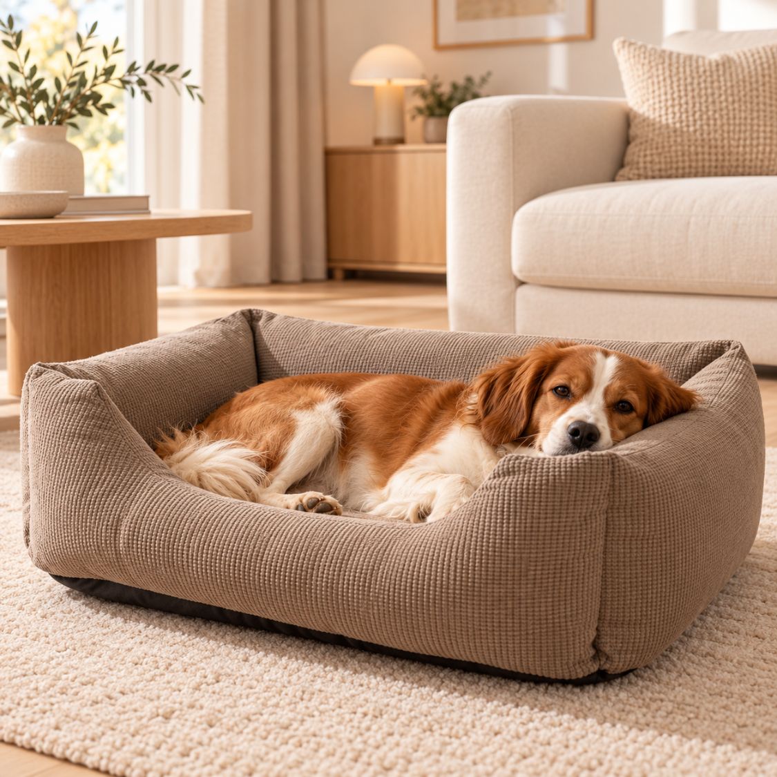 panier chien dehoussable beige chien installe dans panier
