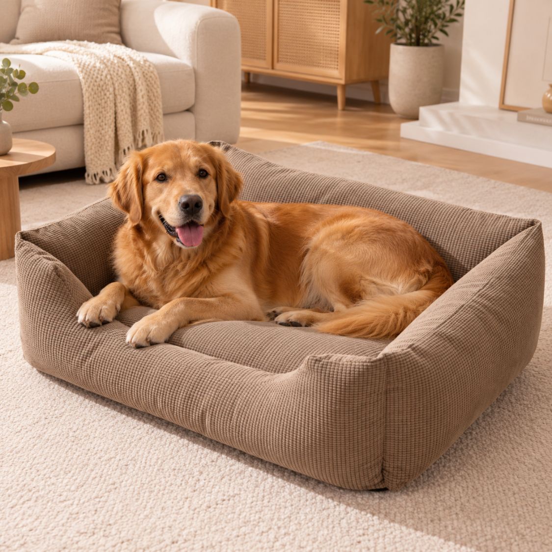 panier chien dehoussable beige petit chien confortablement installe