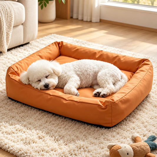 panier chien dehoussable impermeable orange chien dans salon