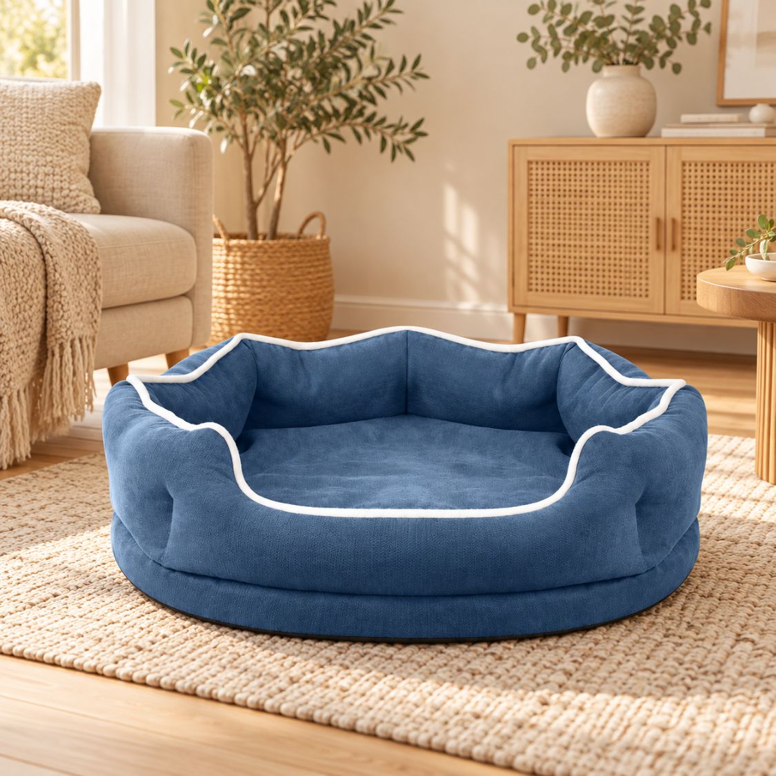 panier chien dehoussable rond bleu panier vide