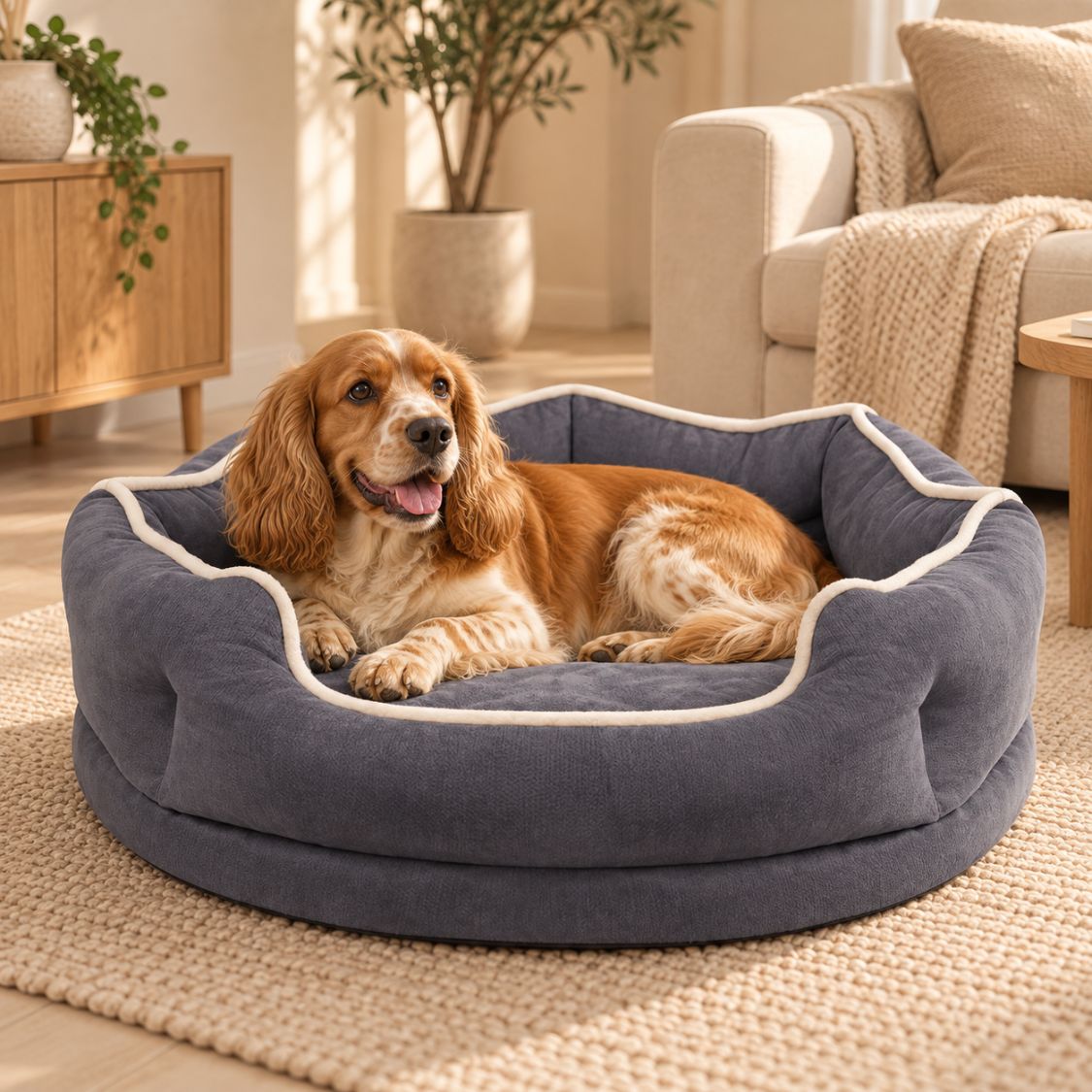 panier chien dehoussable rond gris chien confortablement installe