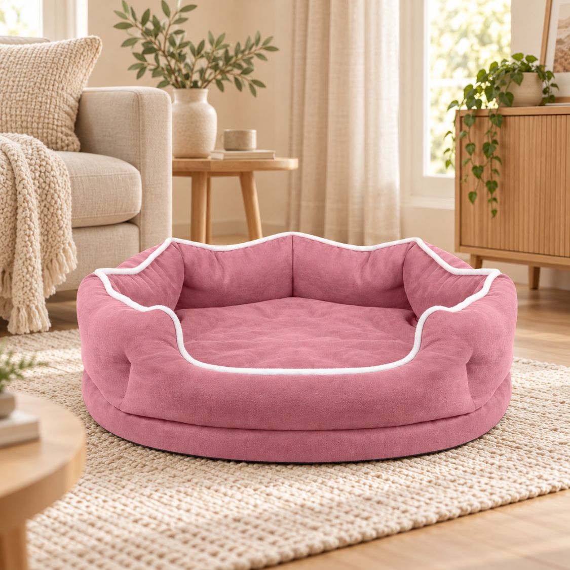 panier chien dehoussable rond rose rebords enveloppants