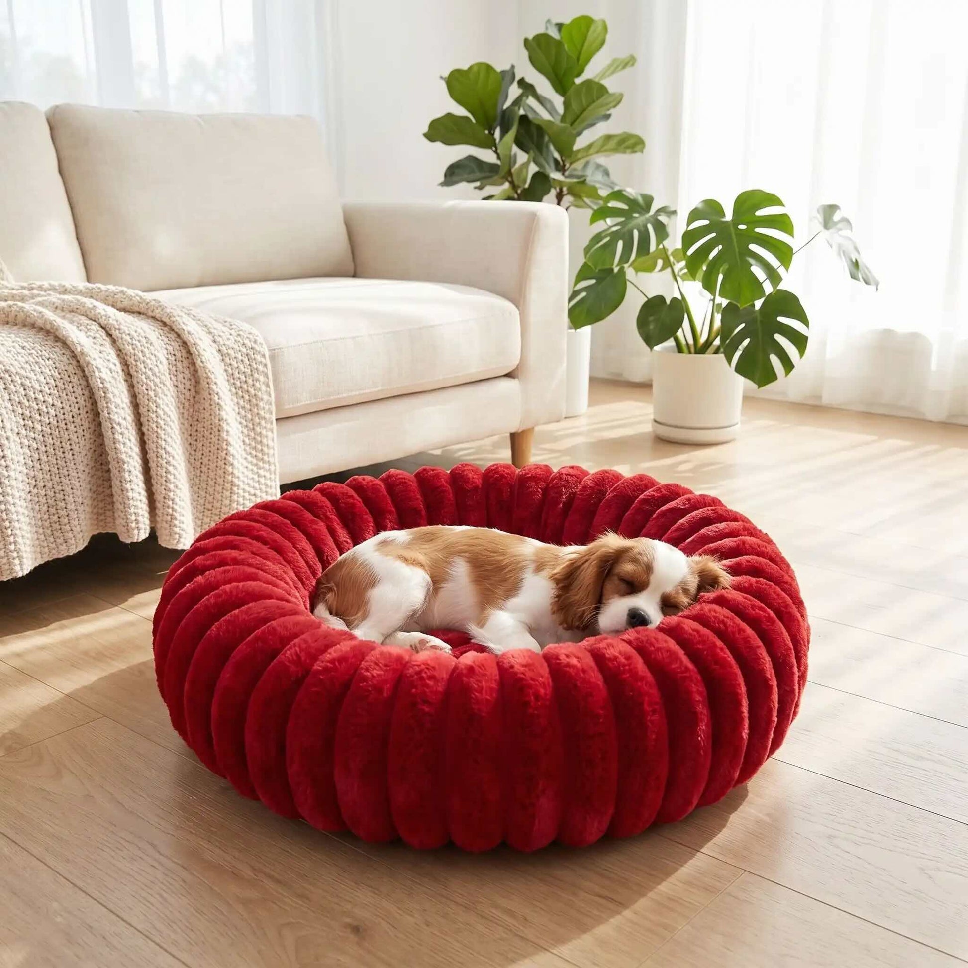 panier chien donut moelleux rouge dans salon avec chien