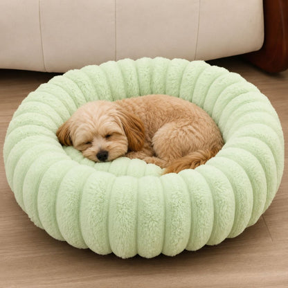 panier chien donut moelleux vert clair avec chien endormi