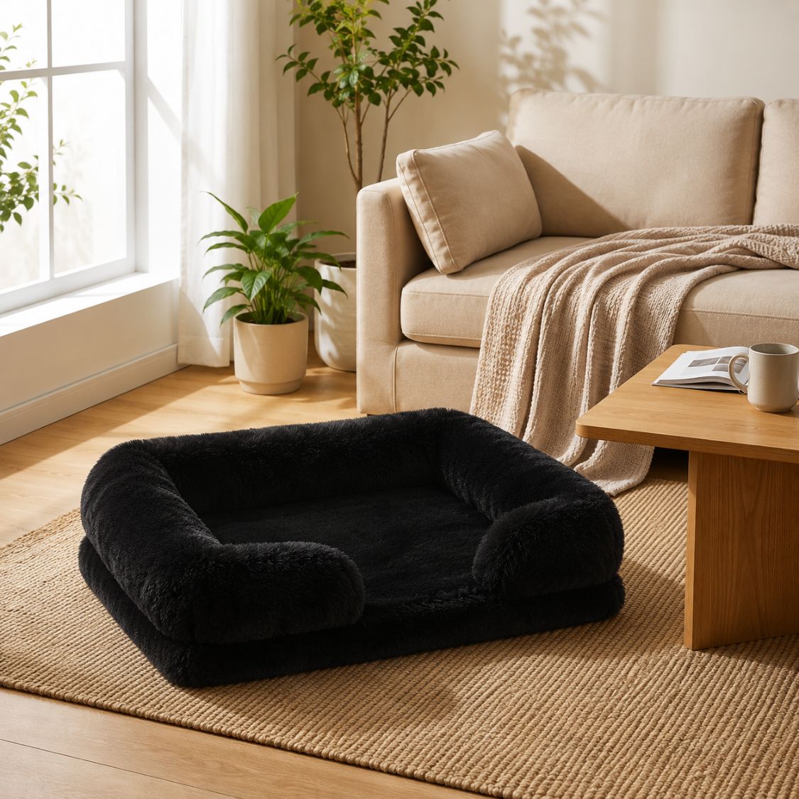 panier chien effet nuage noir peluche rebords enveloppants