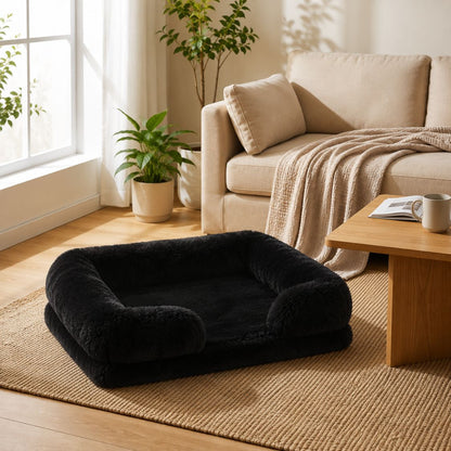 panier chien effet nuage noir peluche rebords enveloppants