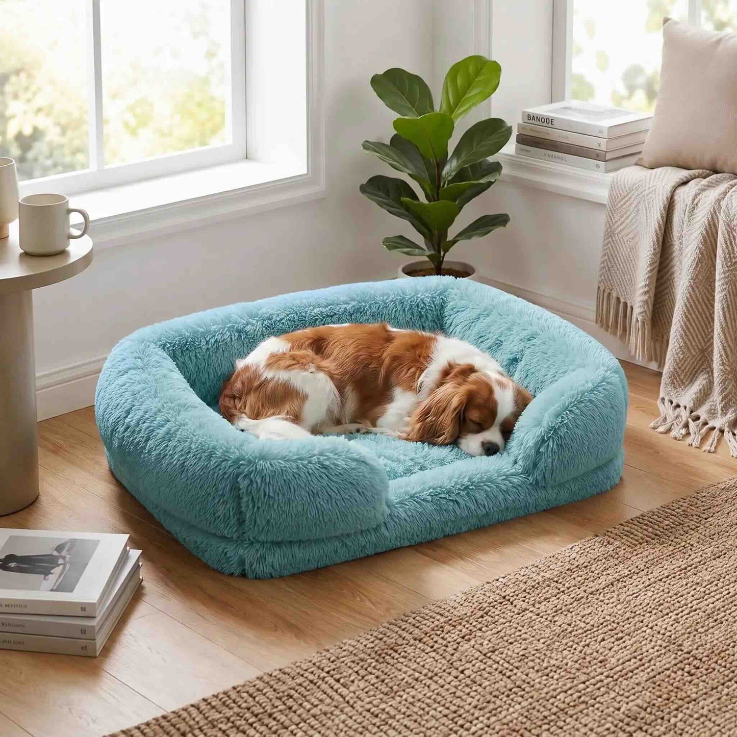 panier chien effet nuage vert emeraude chien dormant peluche