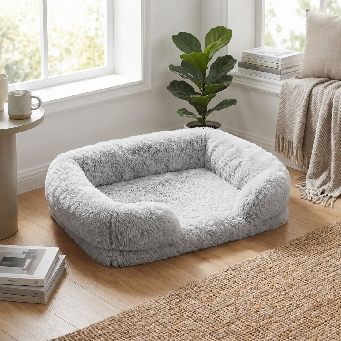 panier chien fluffy moelleux gris clair peluche salon