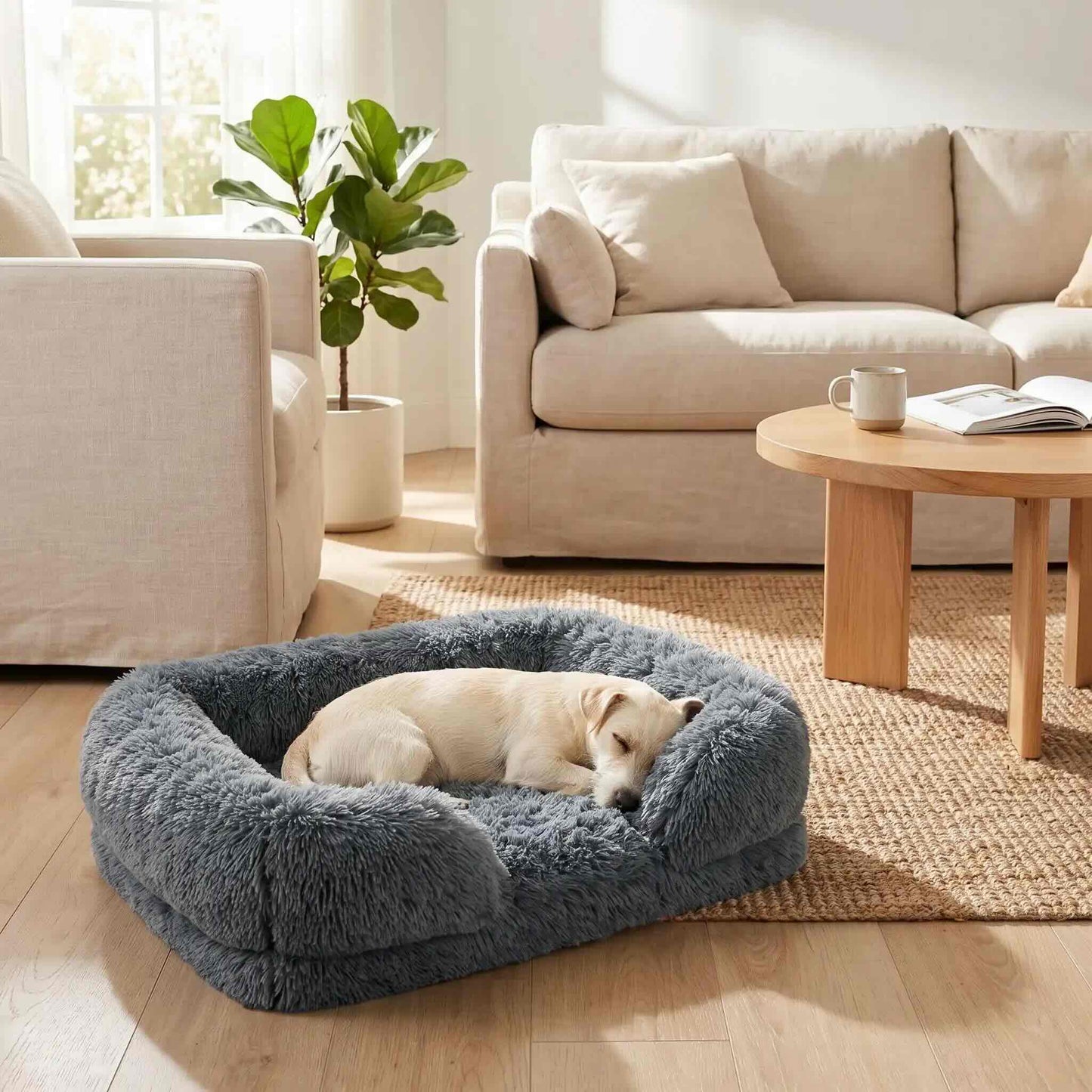 panier chien fluffy moelleux gris fonce chien endormi
