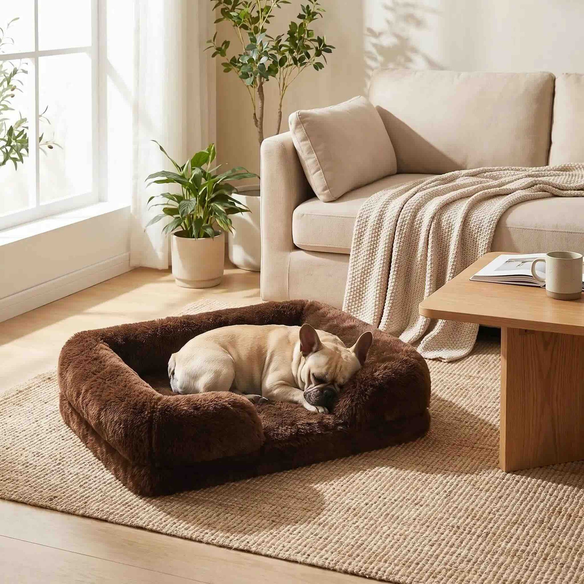 panier chien fluffy moelleux marron chien endormi