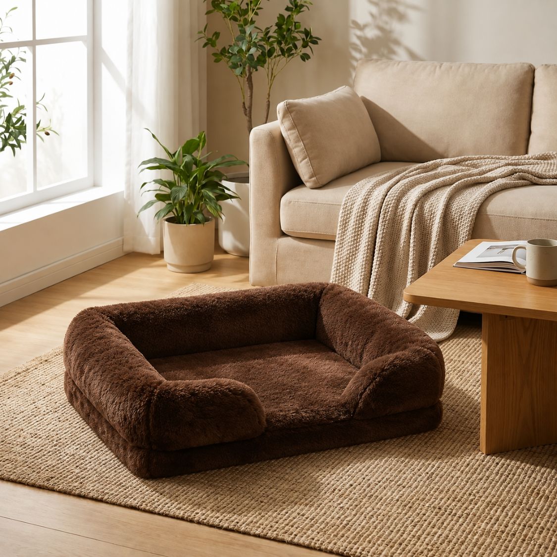 panier chien fluffy moelleux marron fonce peluche doux