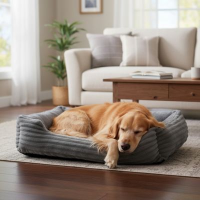 panier chien gris avec rebords rembourres et chien allonge