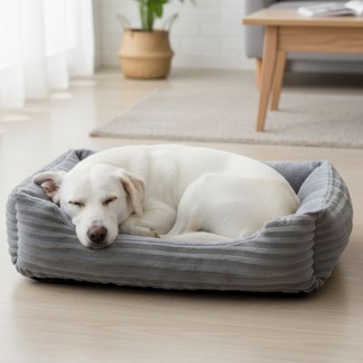 panier chien gris en velours cotele avec chien endormi