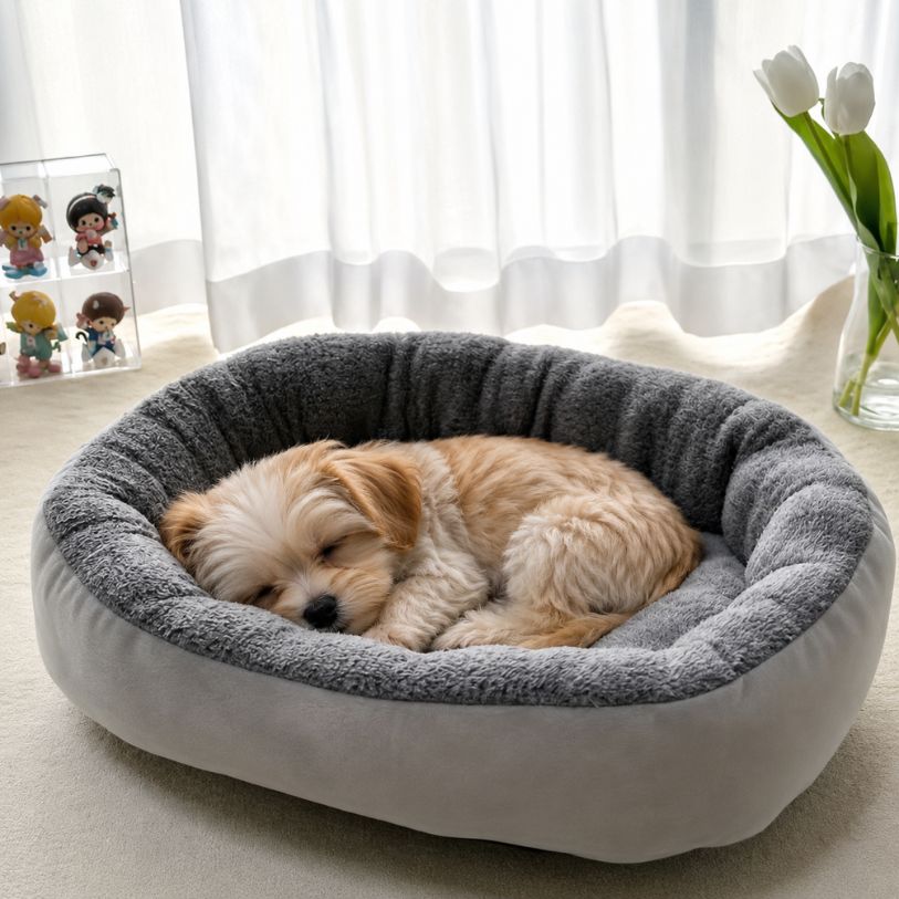 panier chien gris moelleux avec chien endormi