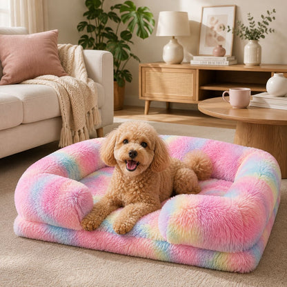 panier chien multicolore pastel caniche rebords moelleux