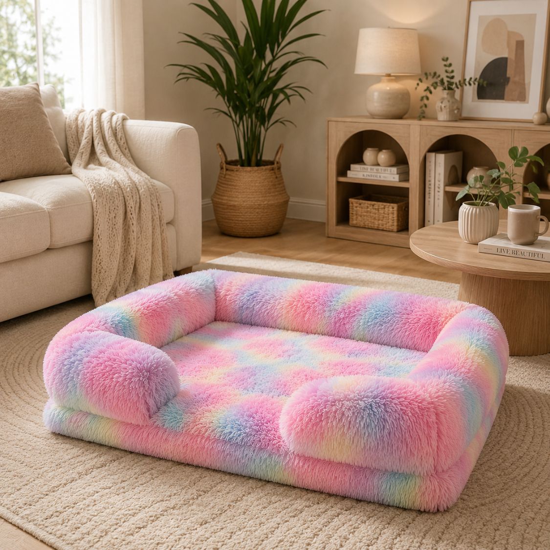 panier chien multicolore pastel chien allonge cocon douillet