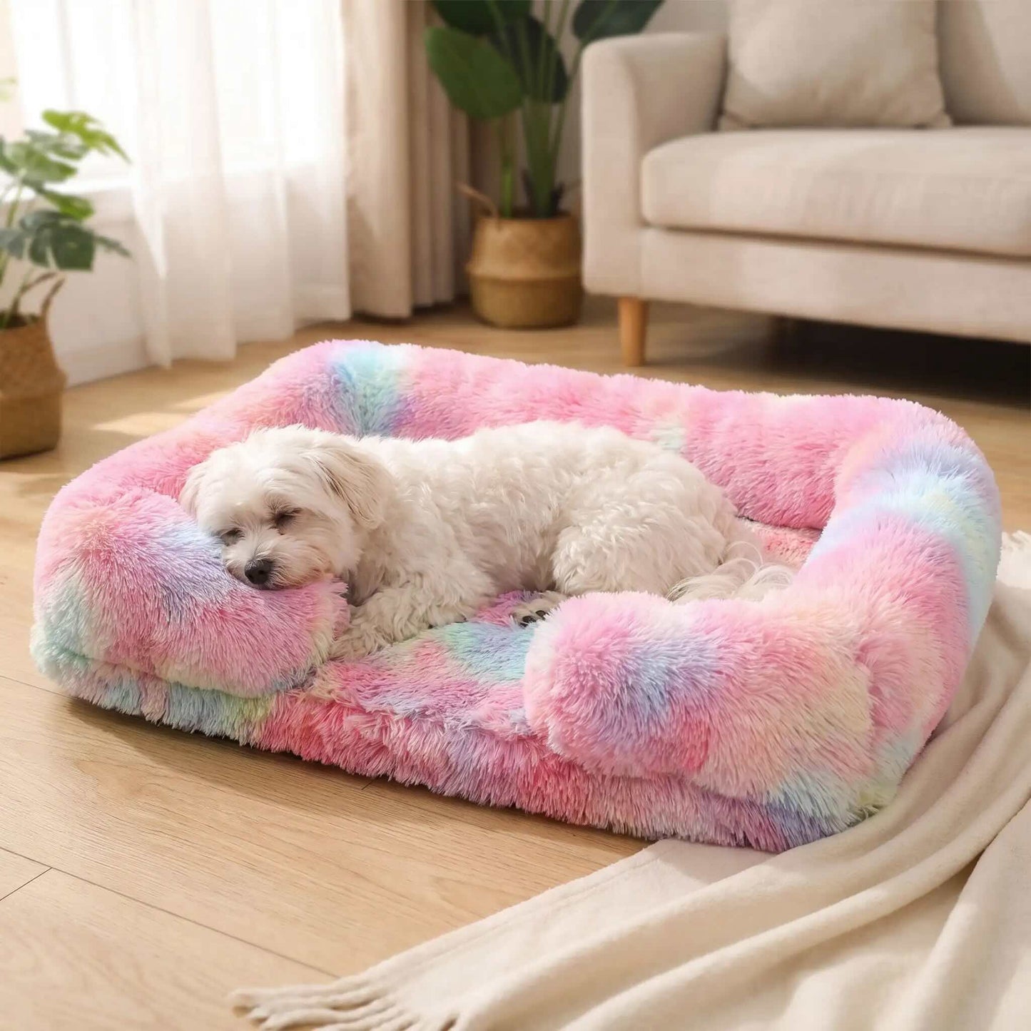panier chien multicolore rose pastel peluche rebords douillets