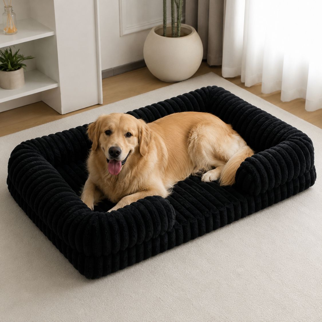 panier chien noir cotele moelleux rebords rembourres