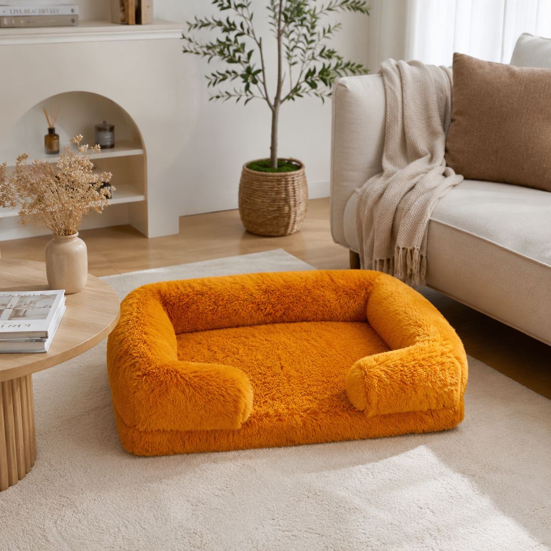 panier chien orange rebords enveloppants salon beige