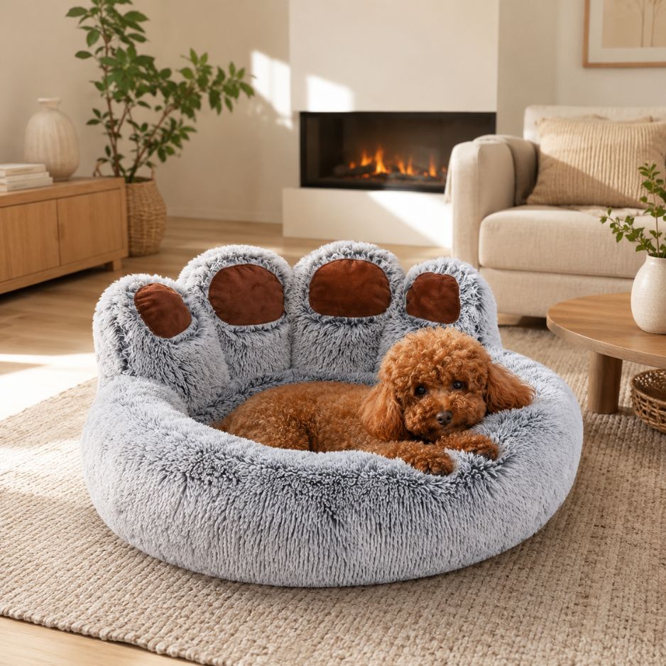 panier chien rond gris peluche longue patte douce