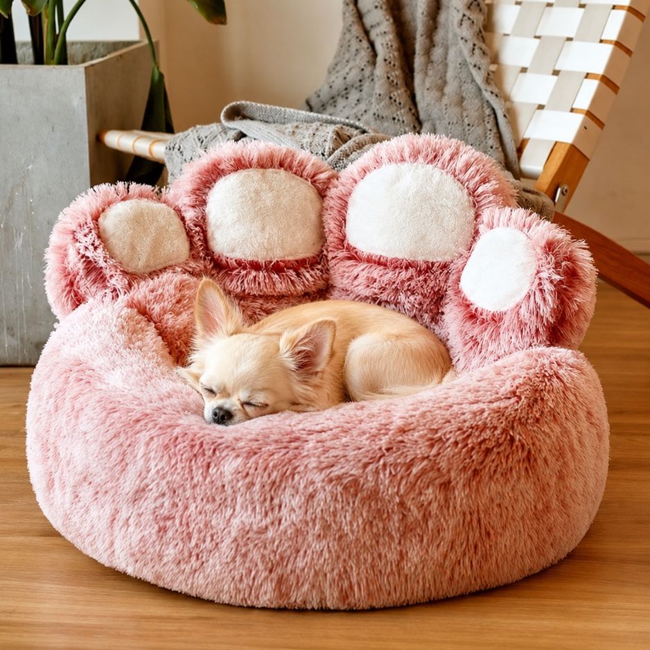 panier chien rond rose peluche douce chien