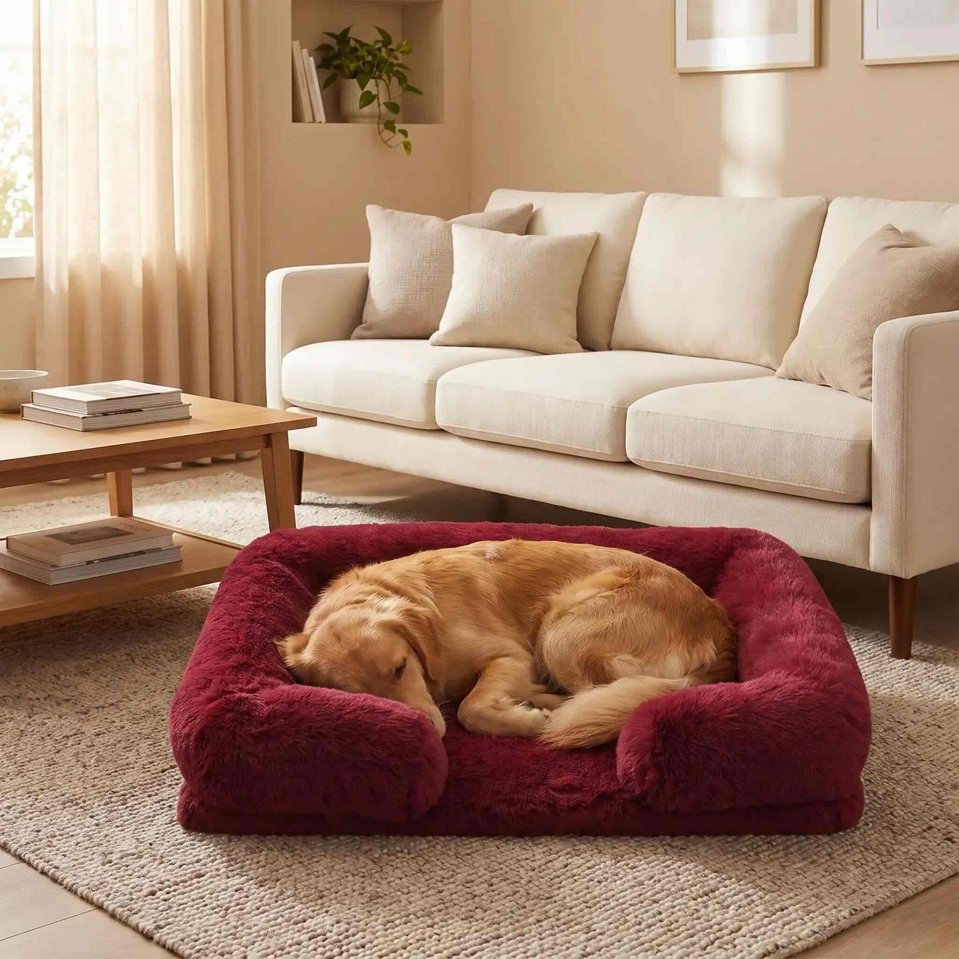 panier chien rouge bordeaux chien dormant rebords enveloppants