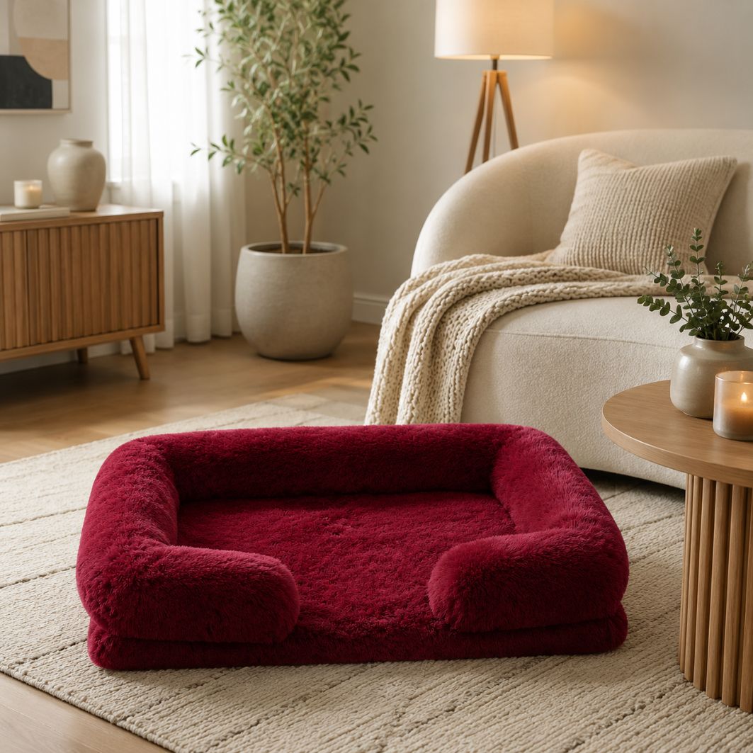panier chien rouge bordeaux peluche rebords moelleux