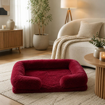 panier chien rouge bordeaux peluche rebords moelleux