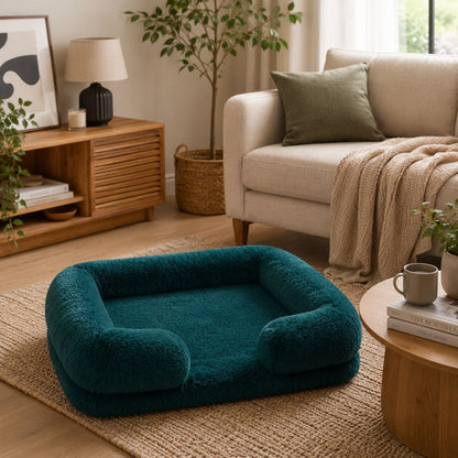 panier chien turquoise peluche rebords rembourres salon