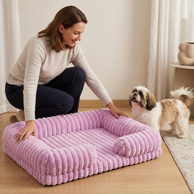 panier chien violet cotele chien femme interieur maison