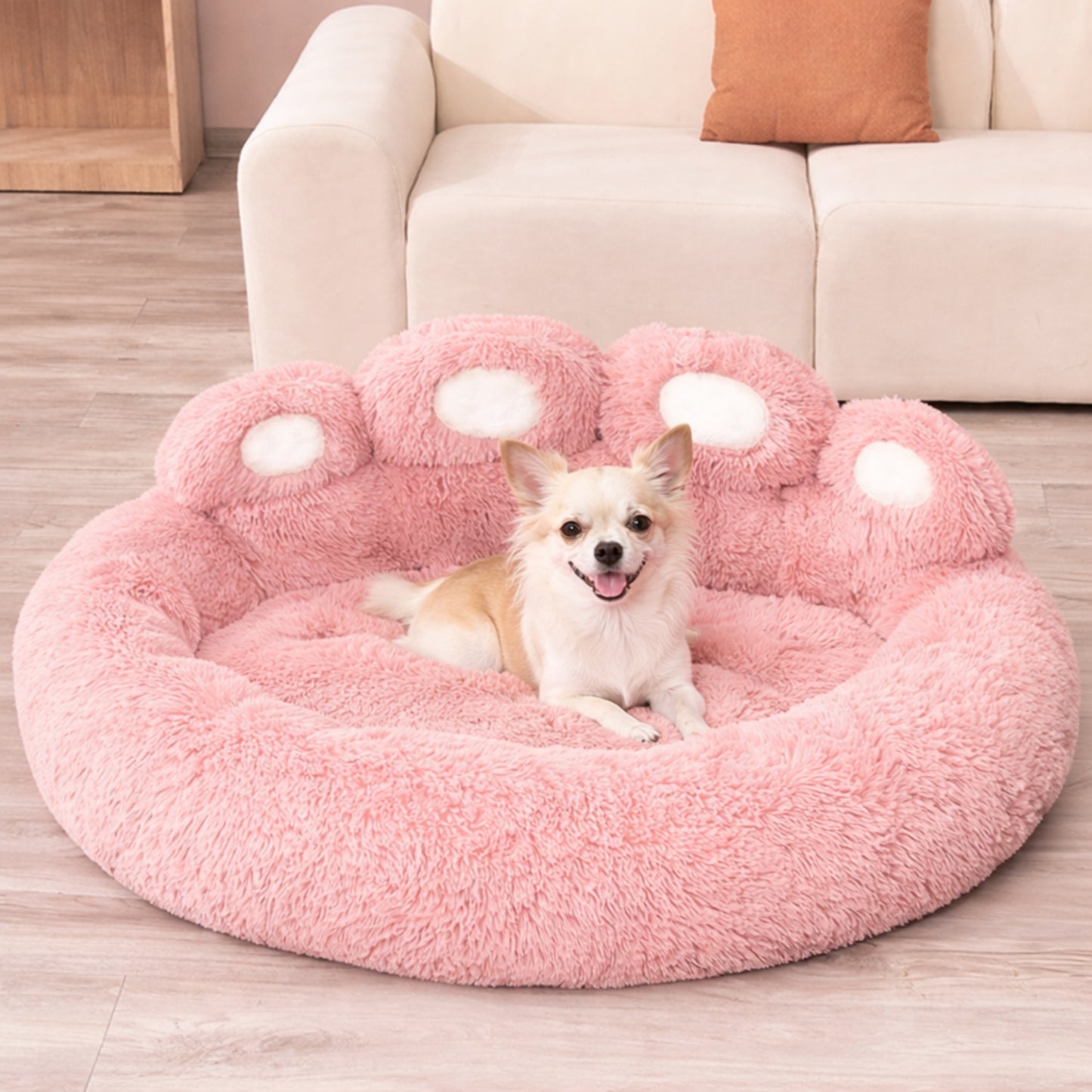 Panier cocon pour chien – patte d’ours rose