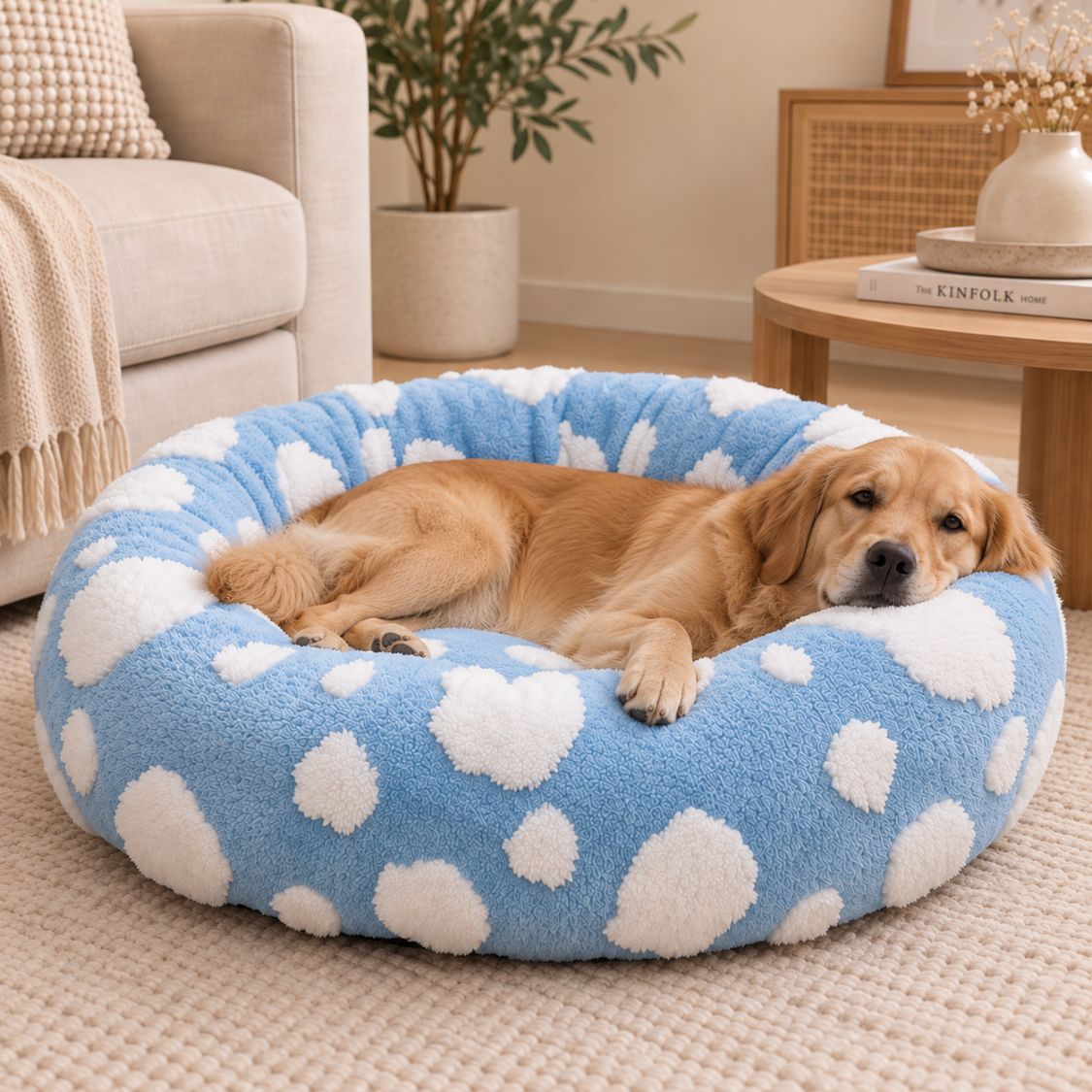 panier donut chien bleu clair chien allonge