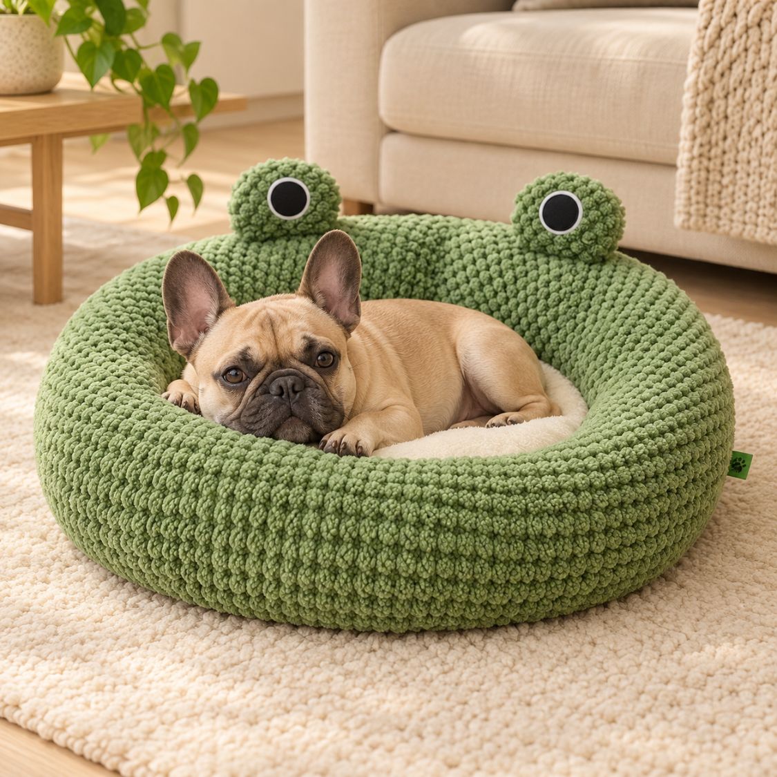 panier donut chien vert bouledogue endormi