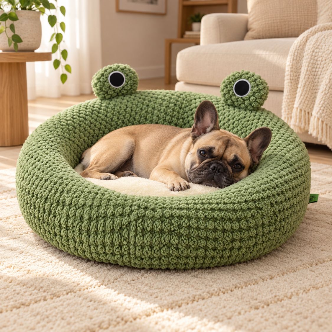 panier donut chien vert bouledogue rebords moelleux