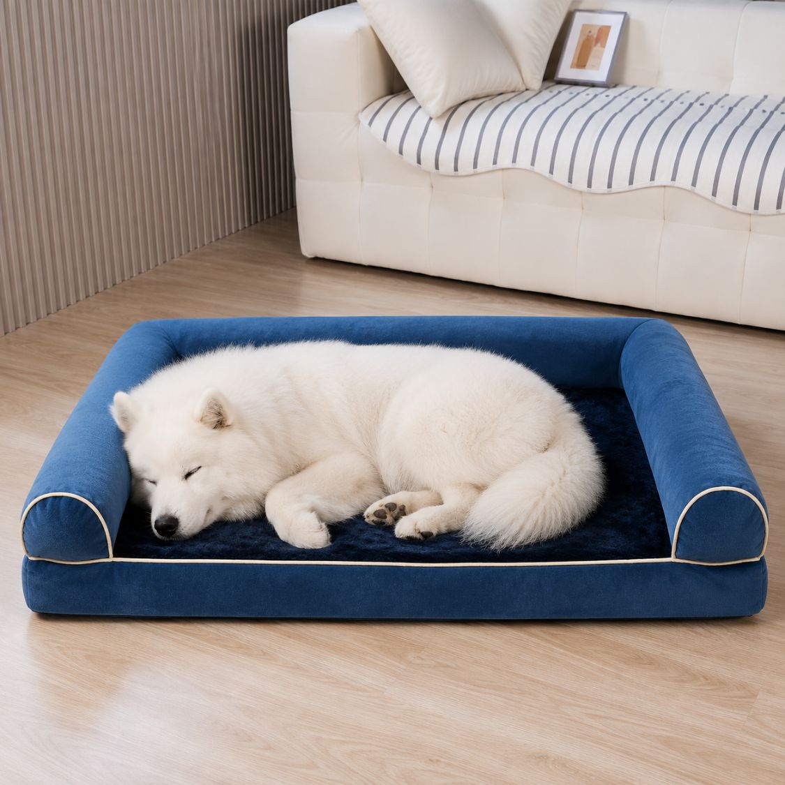 panier grand chien bleu marine mousse orthopedique amovible