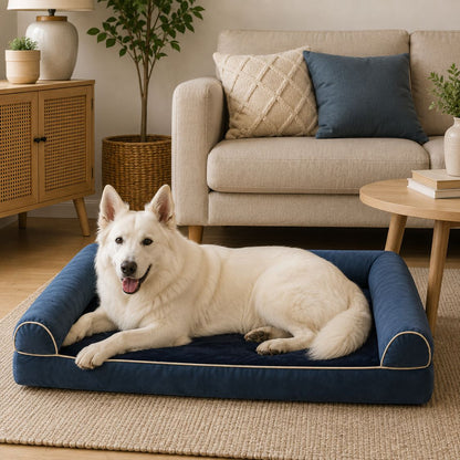panier grand chien bleu marine surface pelucheuse douce