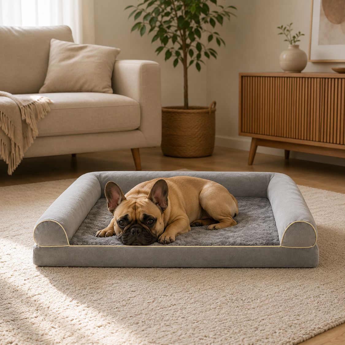 panier orthopedique chien gris clair chien allonge confort