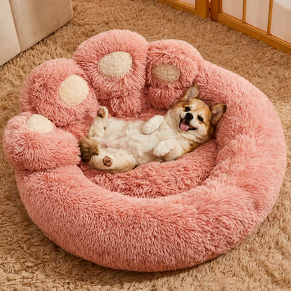 Panier cocon pour chien – patte d’ours rose