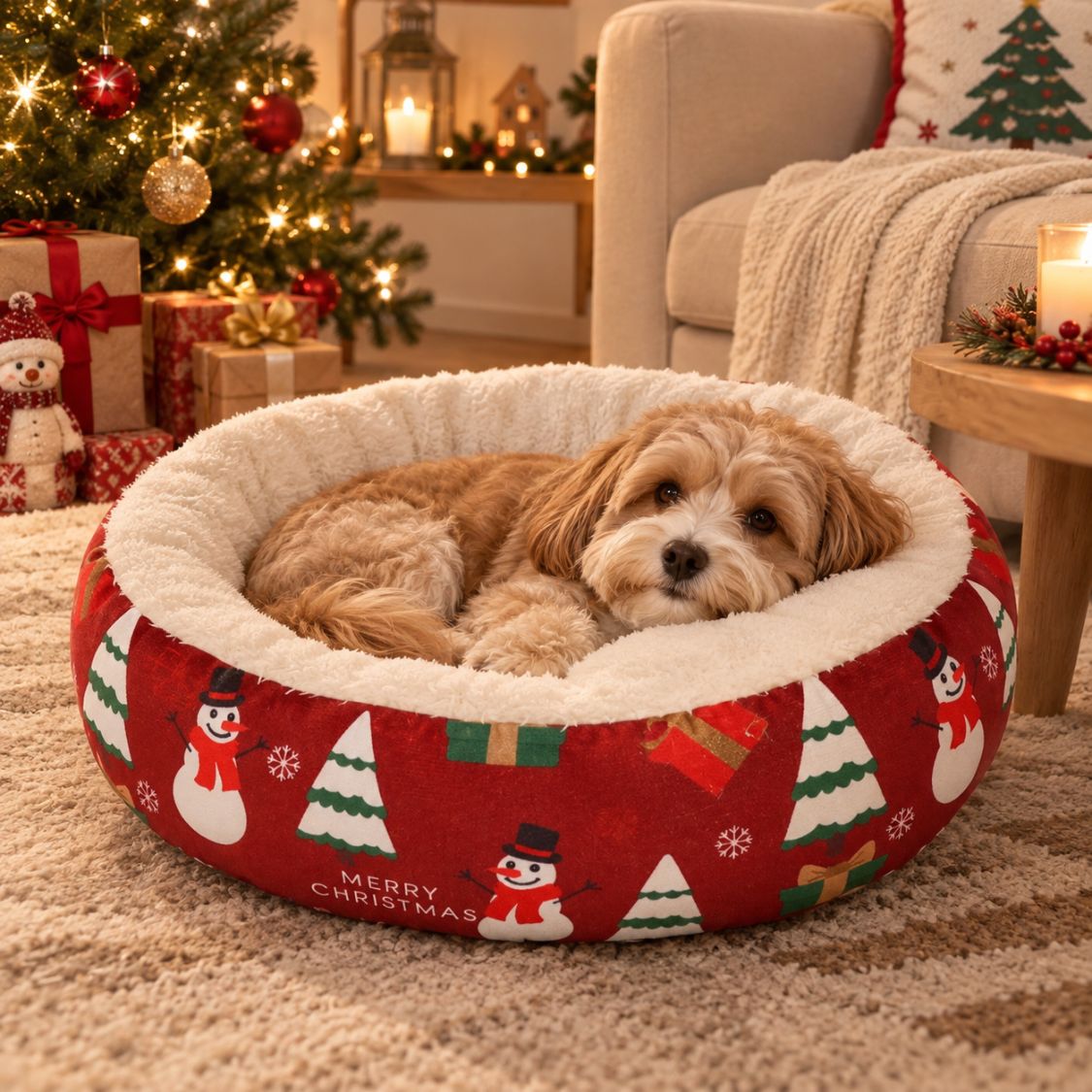 panier petit chien noel rouge chien endormi