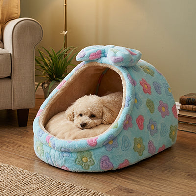 panier pour chien bleu fleuri avec noeud espace de repos confortable